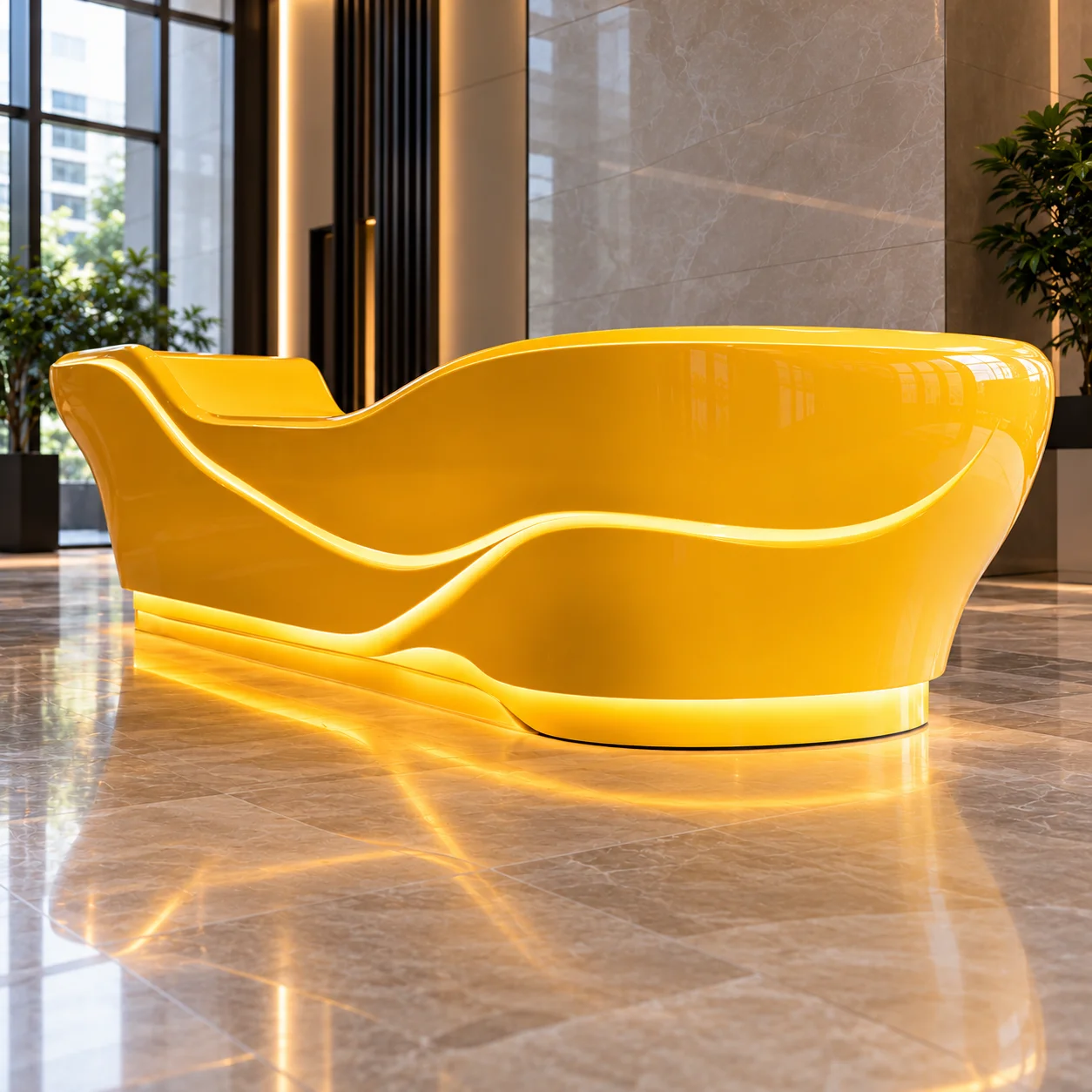 Custom FRP Reception Counter With Sculptural Curved Front And Integrated Work Zone For Hotels Malls Showrooms And Sales Offices