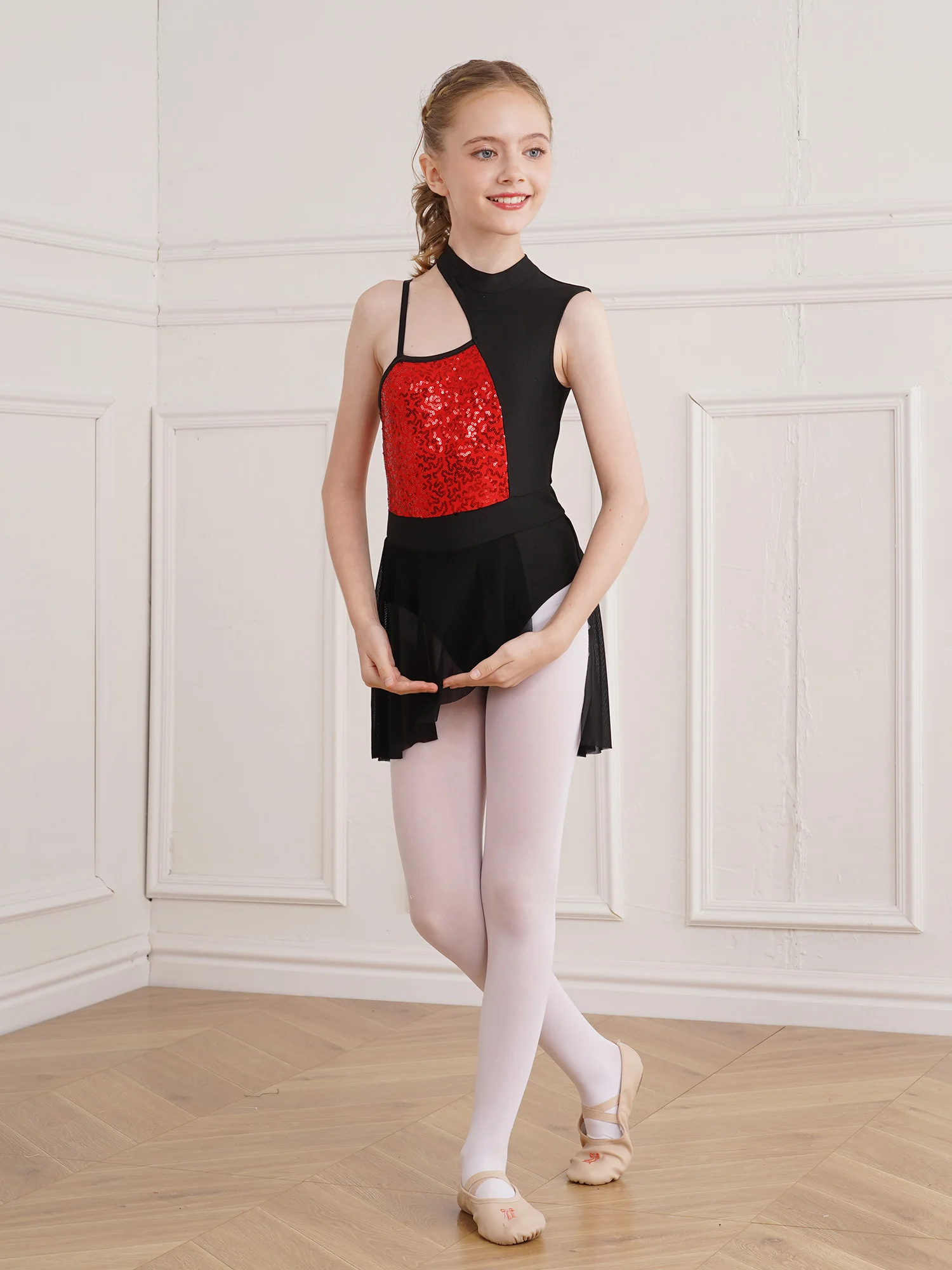 Kids Girls Ballet Dance Leotard Modern Contemporary Dance Costume Jazz Latin Dancewear Shiny Sequins Lyrical Dance Dress