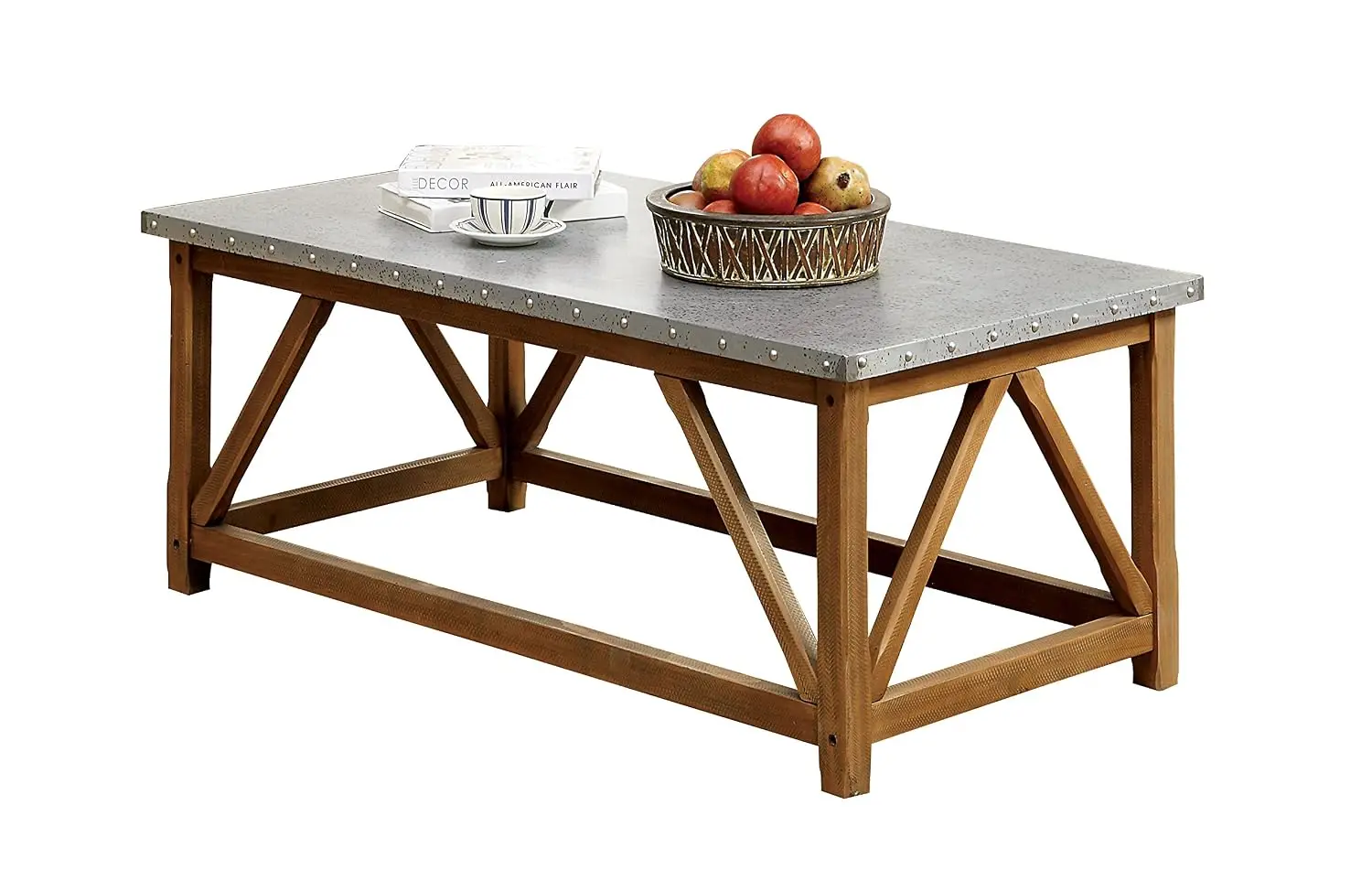 Industrial Rectangle Galvanized Iron Top 49 in. Coffee Table for Living Room Bedroom Natural Brown & Silver, Customized