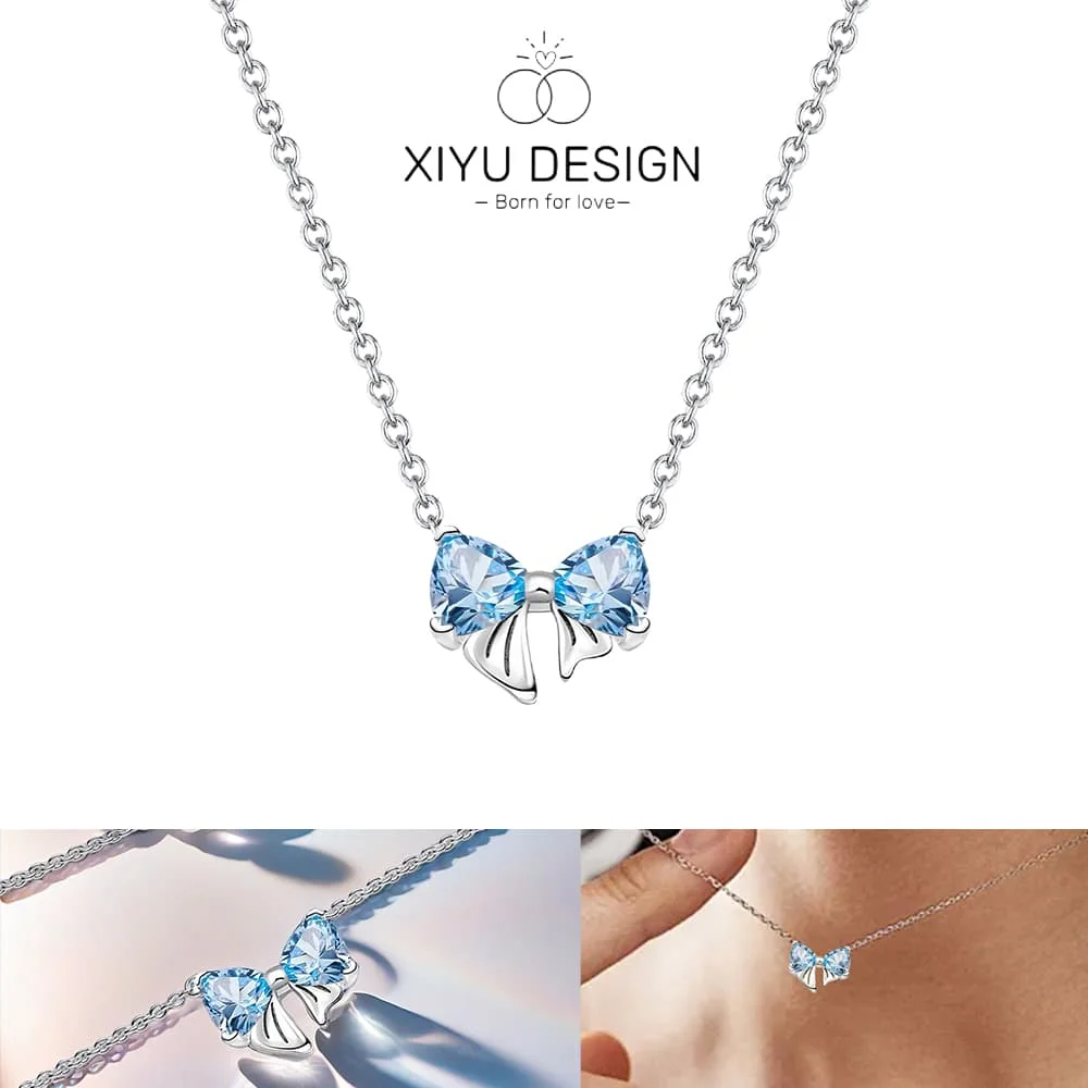 

Оригинальное серебряное ожерелье 925, сверкающее синее ожерелье с бантом для женщин и мужчин, свадебное, помолвочное, вечерние, изысканные украшения, подарок на день Святого Валентина