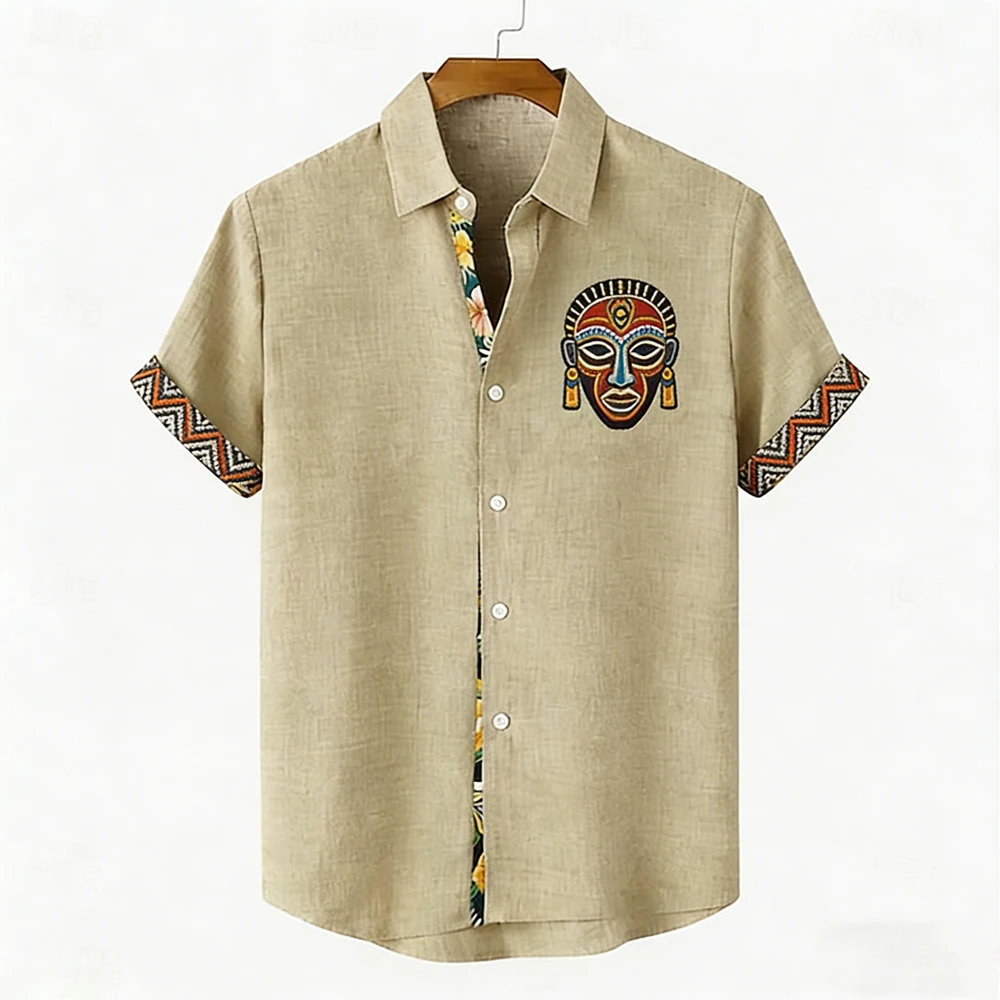 

Мужская летняя льняная рубашка с коротким рукавом в этническом стиле с натуральным узором, 3D-печать HD, гавайская одежда для активного отдыха и повседневной носки