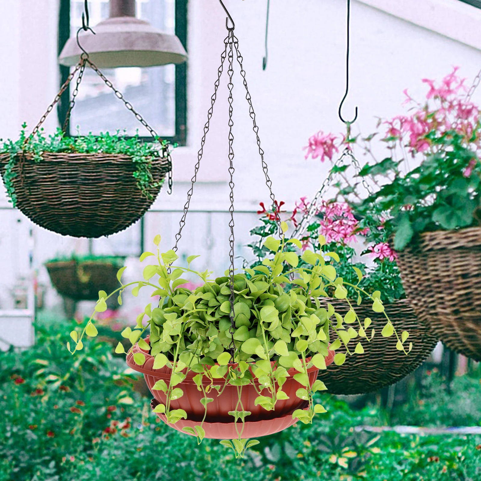 

3 set Hanging Flower Pot Sets Green Durable Outdoor Indoor Garden Decor Space Saving Plastic Hanging Planters For Home Garden
