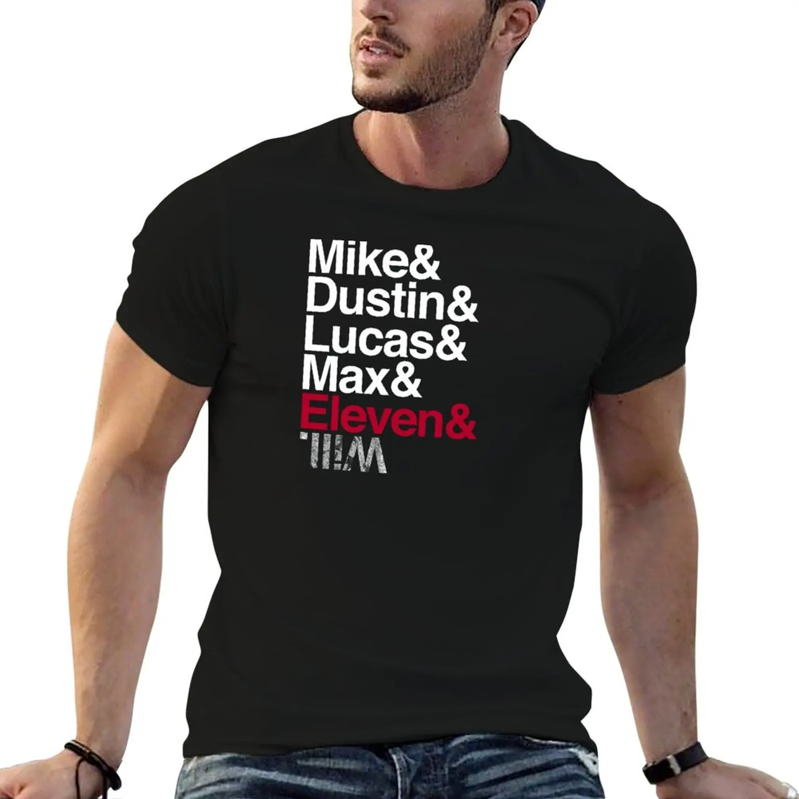 

Mike, Dustin, Lucas, Max, Eleven, Will - Black, White, Red T-Shirt man t shirt designer T-Shirt