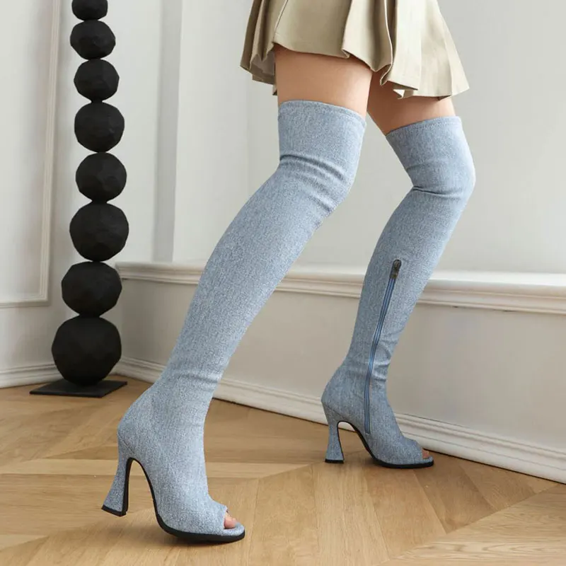 

Plus Size Cowboy Boot Ultra-High Profiled Wine Cup With Denim Material Peep Toe Side Zipper Over The Knee Boots Dance Shoes