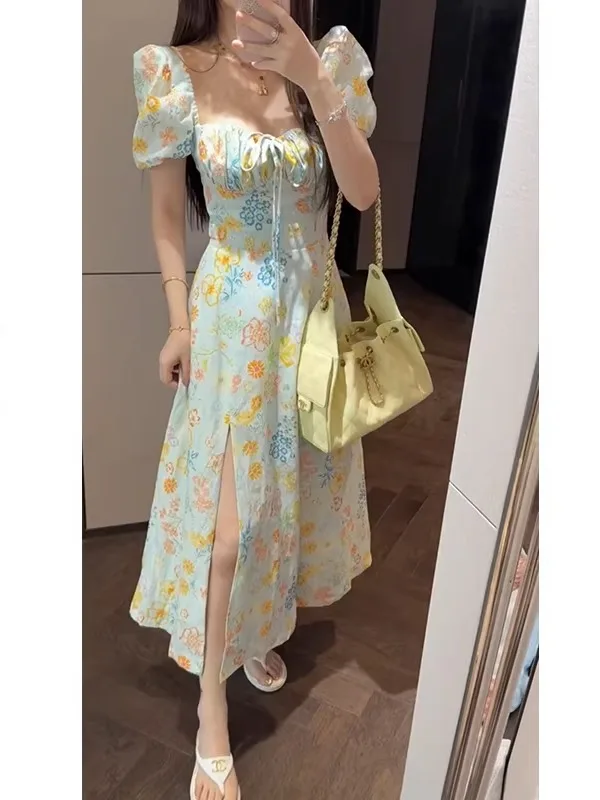 

Женское летнее платье Mimius в стиле ретро с цветочным принтом, разрезами, квадратным воротником, рукавами-фонариками, из льняной ткани, в стиле ханьфу