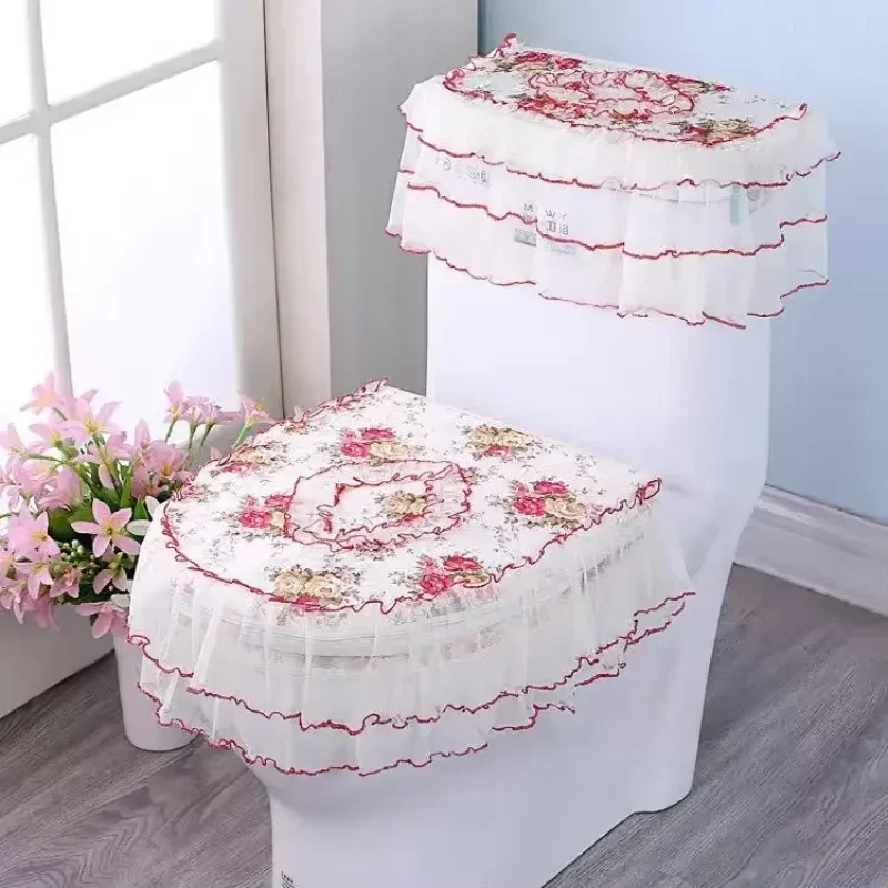 Jacquard Lace Toilet Three Piece Set Zipper Gold Velvet Lace Dustproof and Anti Slip Cushion Household U-shaped Closestool Cover