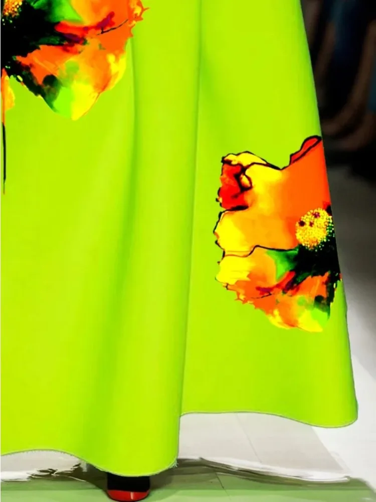 Beautyblue Franse elegante groene paraplurok Mode lange rokken voor dames Elegante bloemenprint Casual zakkenbodems Dames