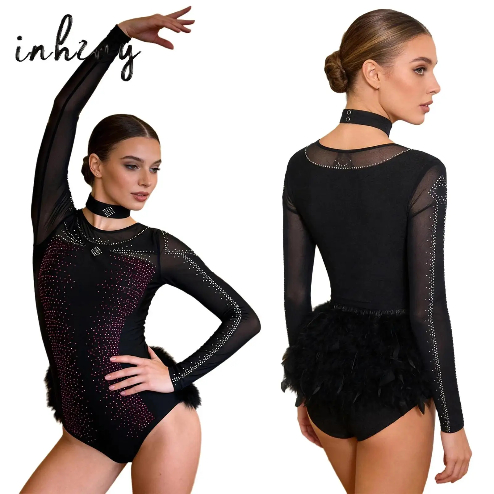 

Long Sleeve Adult Fuzzy Feather Leotards Latin Dance Cha-cha Samba Rumba Skating Performance Costume Long Sleeve Dancewear