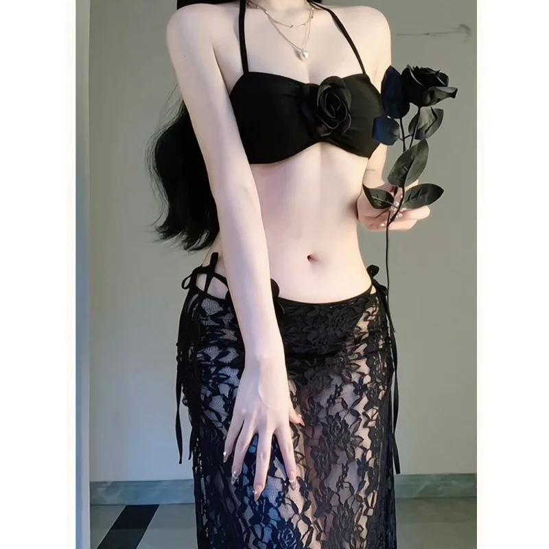 Women's 3 Piece Floral Bikini Set Black Halter Top With 3D Rose Decor Side Tie Bottom Lace Wrap Long Skirt Summer Beach Swimwear