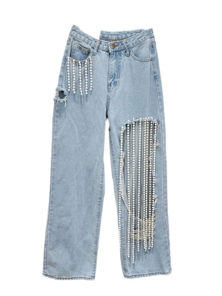 DEAT Vintage Fashion Women's Hole Spliced Pearl Chain Straight Jeans 2024 Summer Trendy High Waist Denim Pants Female 33A1515