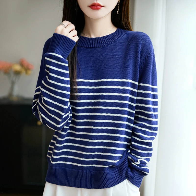 

New autumn and winter women's O-neck striped pullover 100% pure cotton fashionable soft warm loose selling knitted top