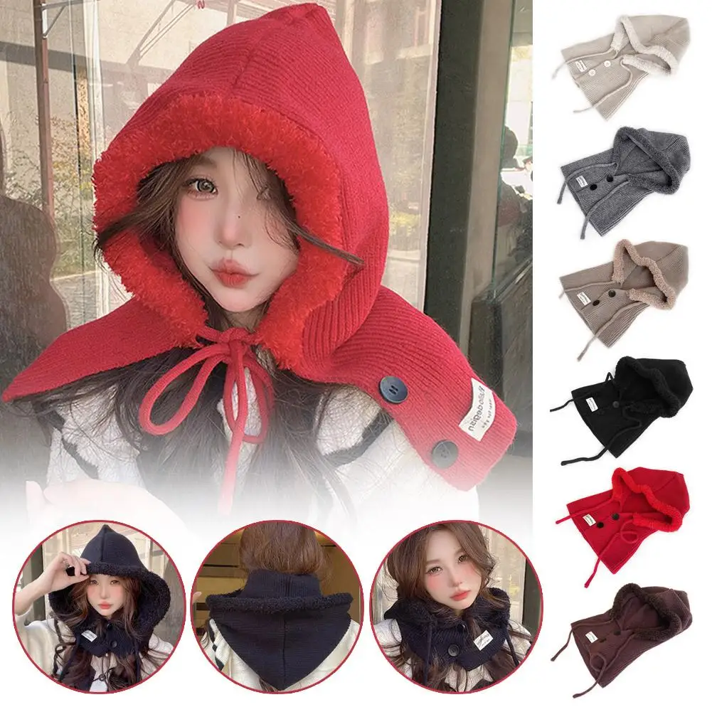 

Korean Version Balaclava Hat For Girl's Winter Warm Hat Scarf Integrated Couple's Ear Protection Yarn Knitted Hat Heart Sof Y5R7