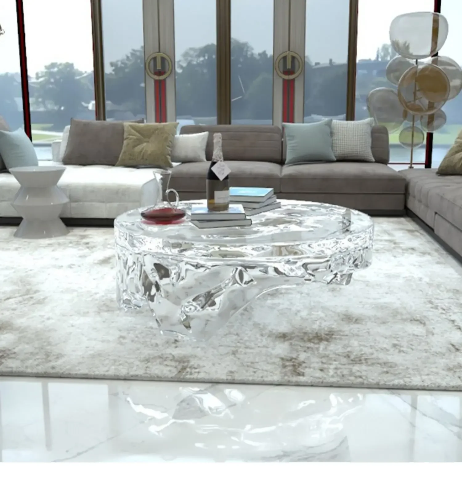 

Light luxury resin handicrafts transparent coffee table round sculpture living room soft decoration floor ornament