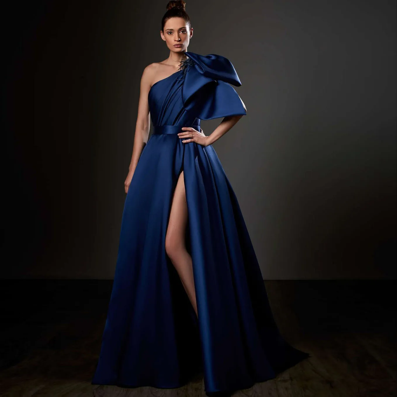 

One Shoulder Dark Blue Satin Dress Big Bow Evening Dresses For Women Elegant Dress Women For Wedding Party Long Dress With Slit