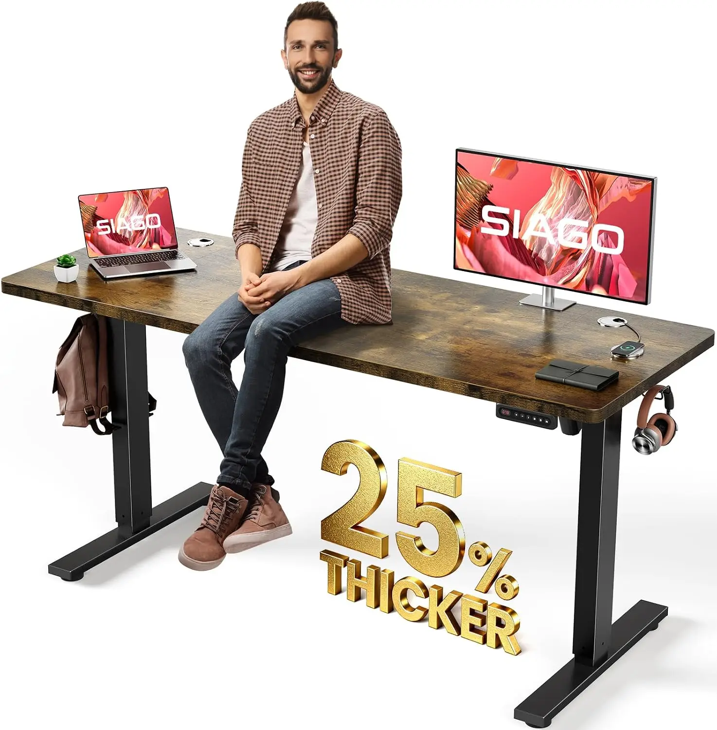 Electric Adjustable Standing Desk 63X24 Inch Sit Stand Up Table Cable Management 3 Memory Preset Height
