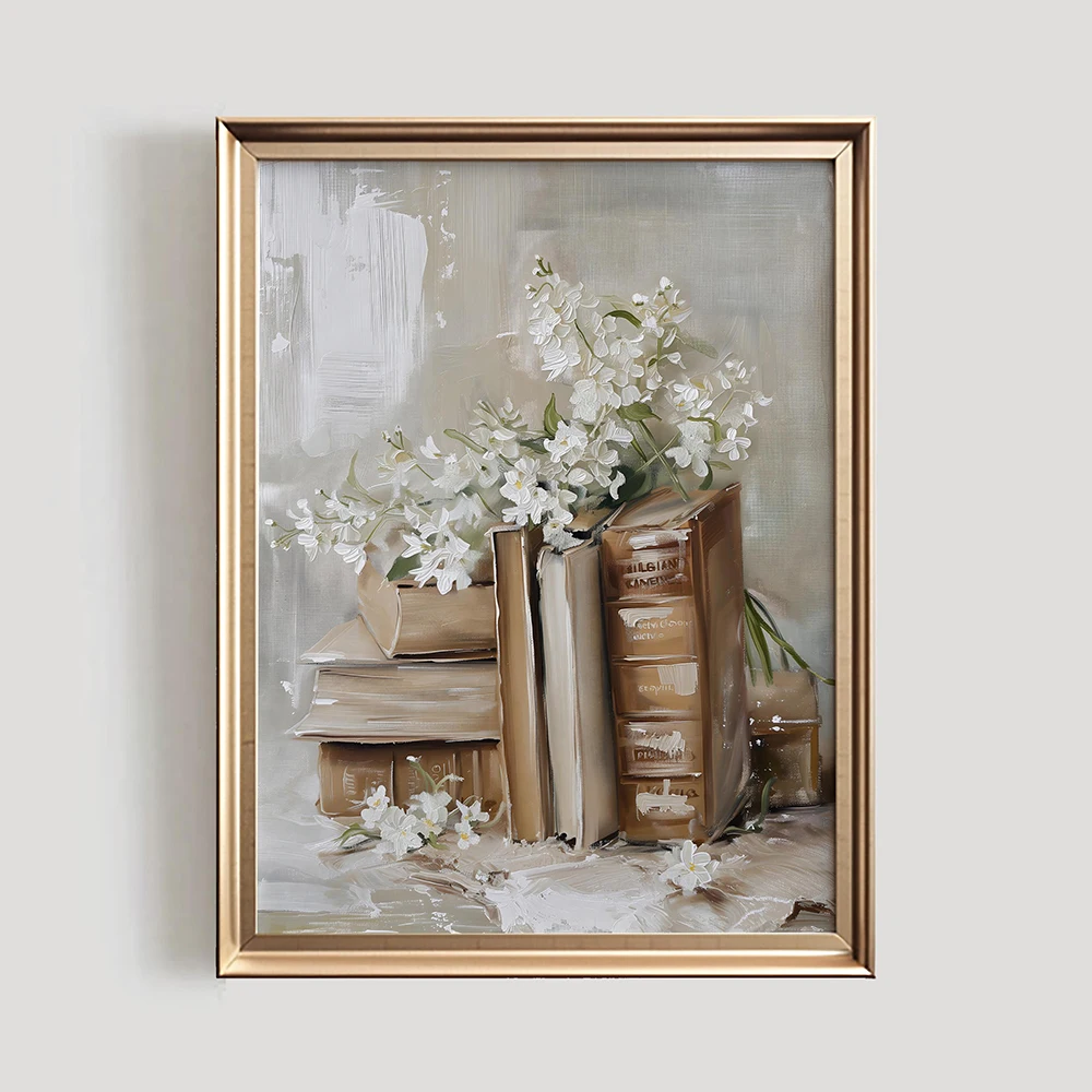 Spring Floral Print Soft Cottagecore  Wall Art Light Academia Spring Decor Stack of Books Painting Delicate Floral Wall Art, No