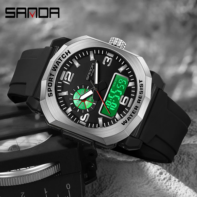 Sanda Topmerk 3370 Modieuze Heren Buitensport Heren Elektronisch Militair Horloge Waterdicht Nachtlampje Heren Horloge 2024