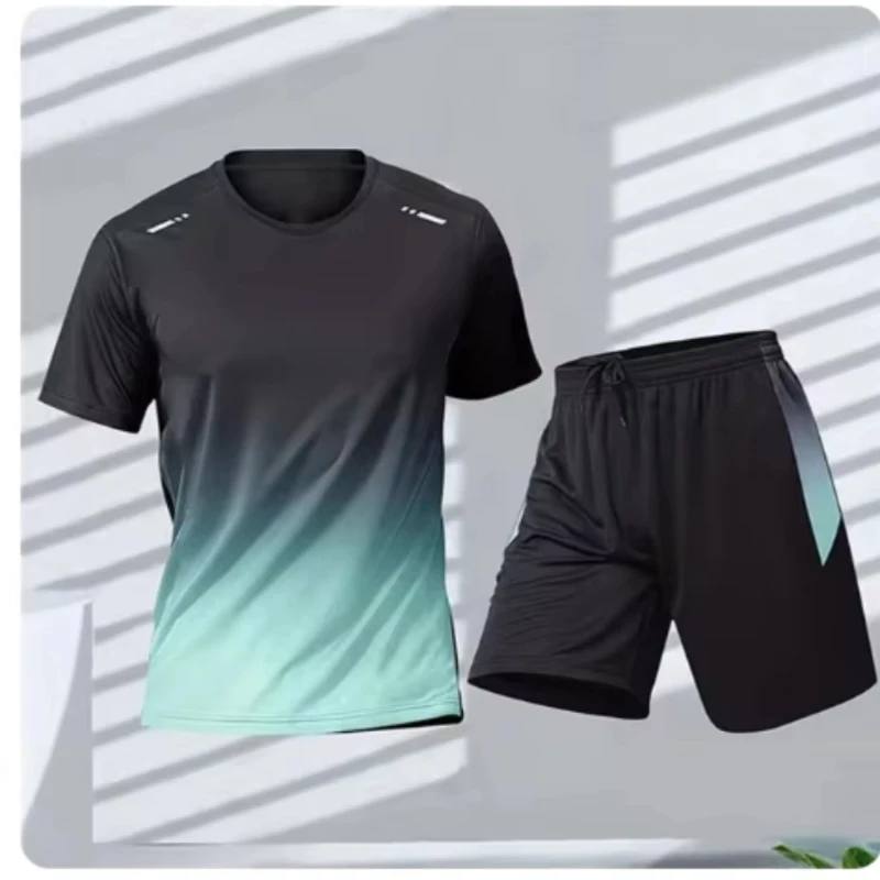 summer Gradient Men\'s Tracksuit Set Men Clothing Breathable Tennis Badminton Sportswear Sets Sports T Shirt Shorts 2 Piece Suits