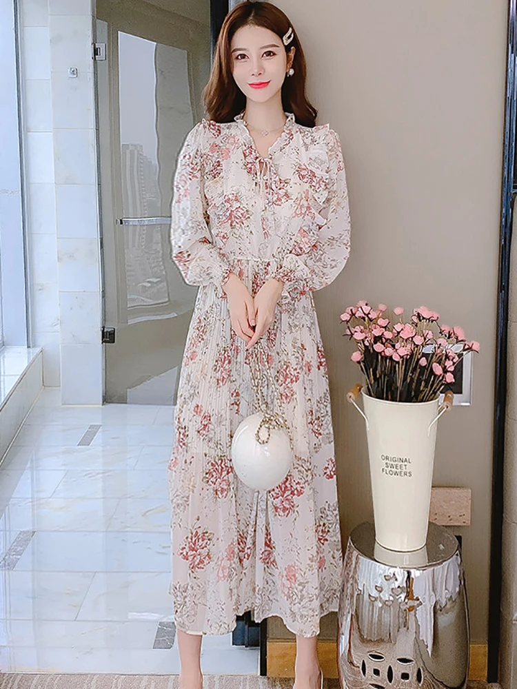 Vestido elegante de gasa Floral de manga larga con volantes para mujer, vestido largo ajustado elegante de otoño, vestido de fiesta de lujo elegante de moda coreana 2025