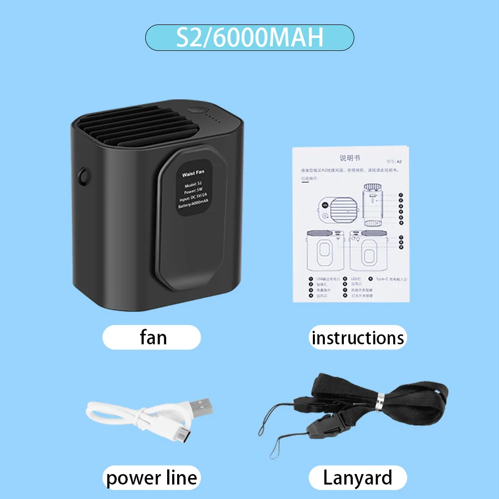 1PCS Portable Hanging Waist Fan USB Charging Electric Fan 3 Wind Speed Bladeless Waist Hanging Fan For Outdoor Camping Travel