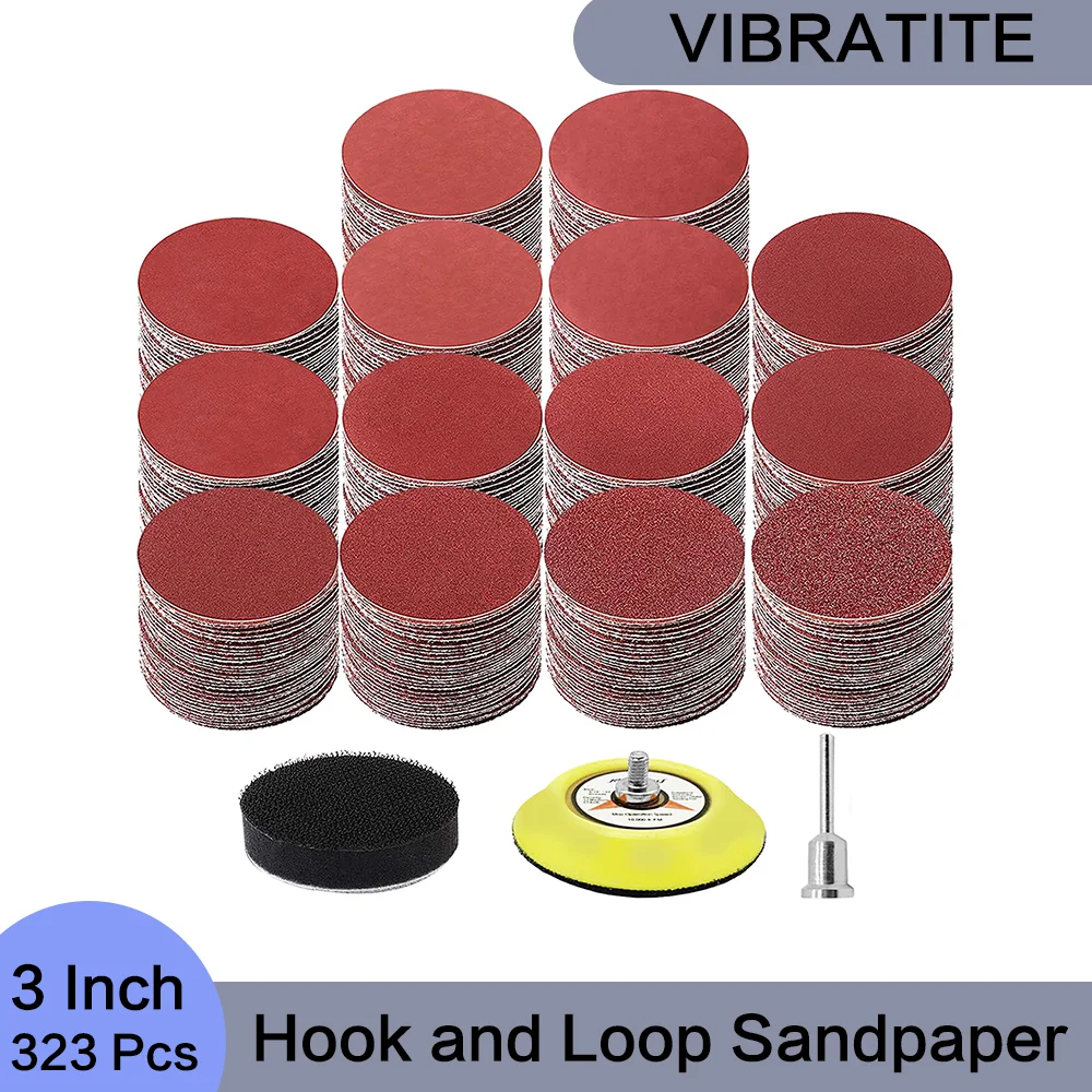 

3Inch Hook and Loop Sandpaper 323 Pcs 40-2000 Grit Assorted with 1/8” Shank Backer Plate and Soft Foam Buffing Pad for Polishing