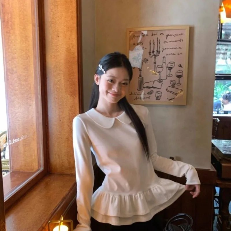 Sweet Ruffles T Shirt For Women Solid Peter Pan Collar Autumn Winter Ropa De Mujer Korean Fashion Versatile Tees