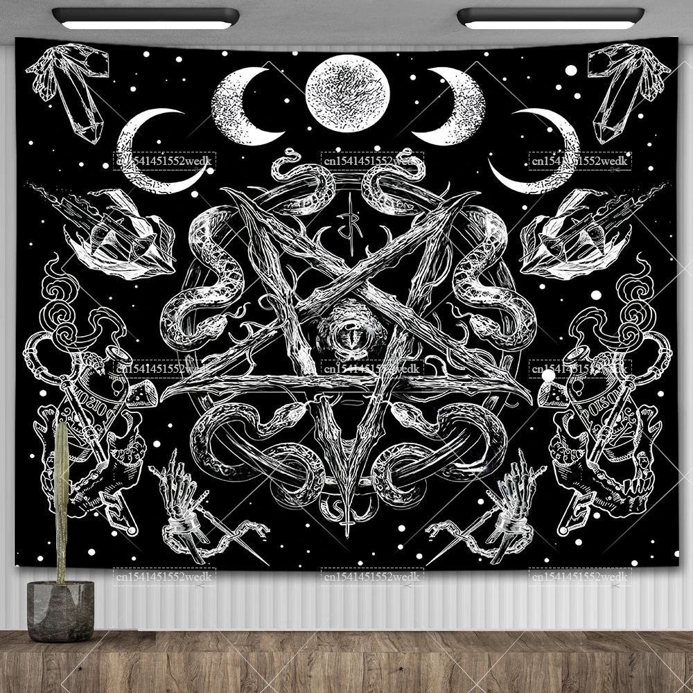 Tapisserie murale de salle de sorcellerie, pixels gothiques esthétiques, squelette, pentagramme, phases de la lune, tarot, décoration d'intérieur, autel, Everths