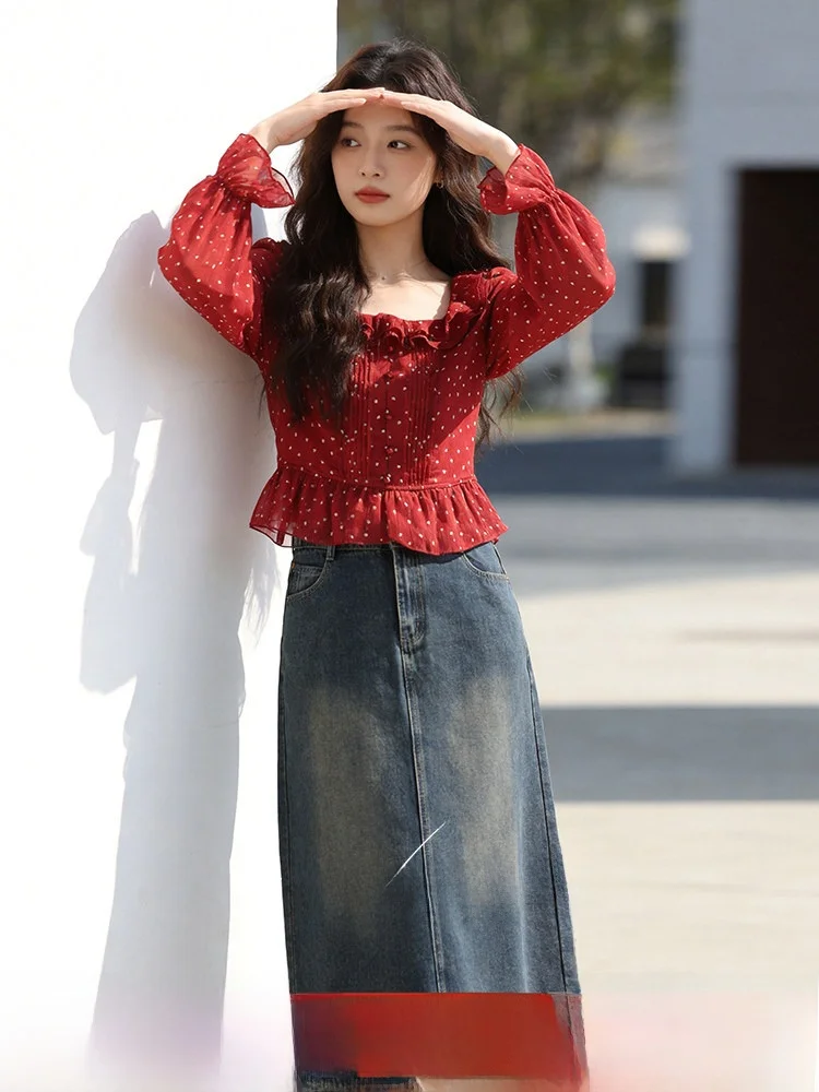 

Spring Faion plus Size Women's Outfit Polka Dot Long Sve Square Collar A-Line Denim Skirt Set High Waist Commute Sle