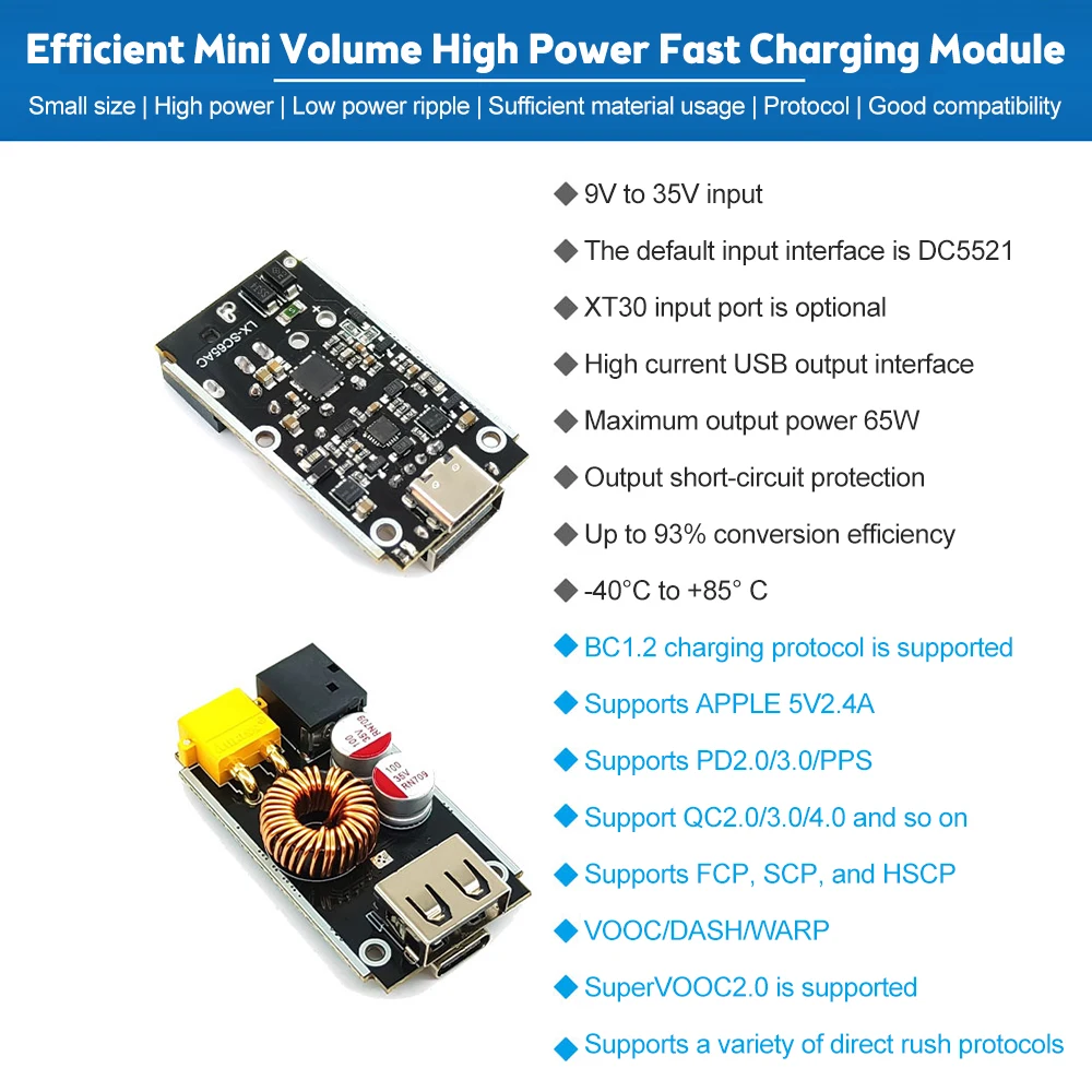 Type-C+USB 65W High-power Fast Charging Module DC 9V-35V DC5521 XT30 Input Port PD3.0/PPS/QC2.0/3.0/4.0AFC/FCP/SCP V00C1.0/2.0