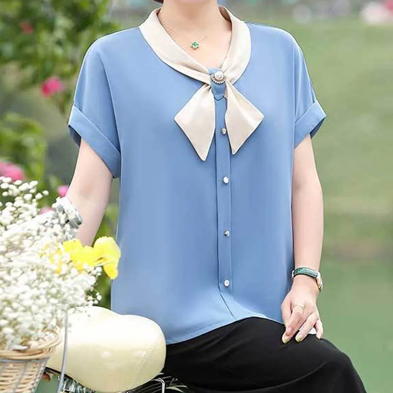 Commute Female Short Sleeve Casual Button Chiffon Blouse Summer Fashion Round Neck Spliced Solid Color Shirt Women\'s Clothing