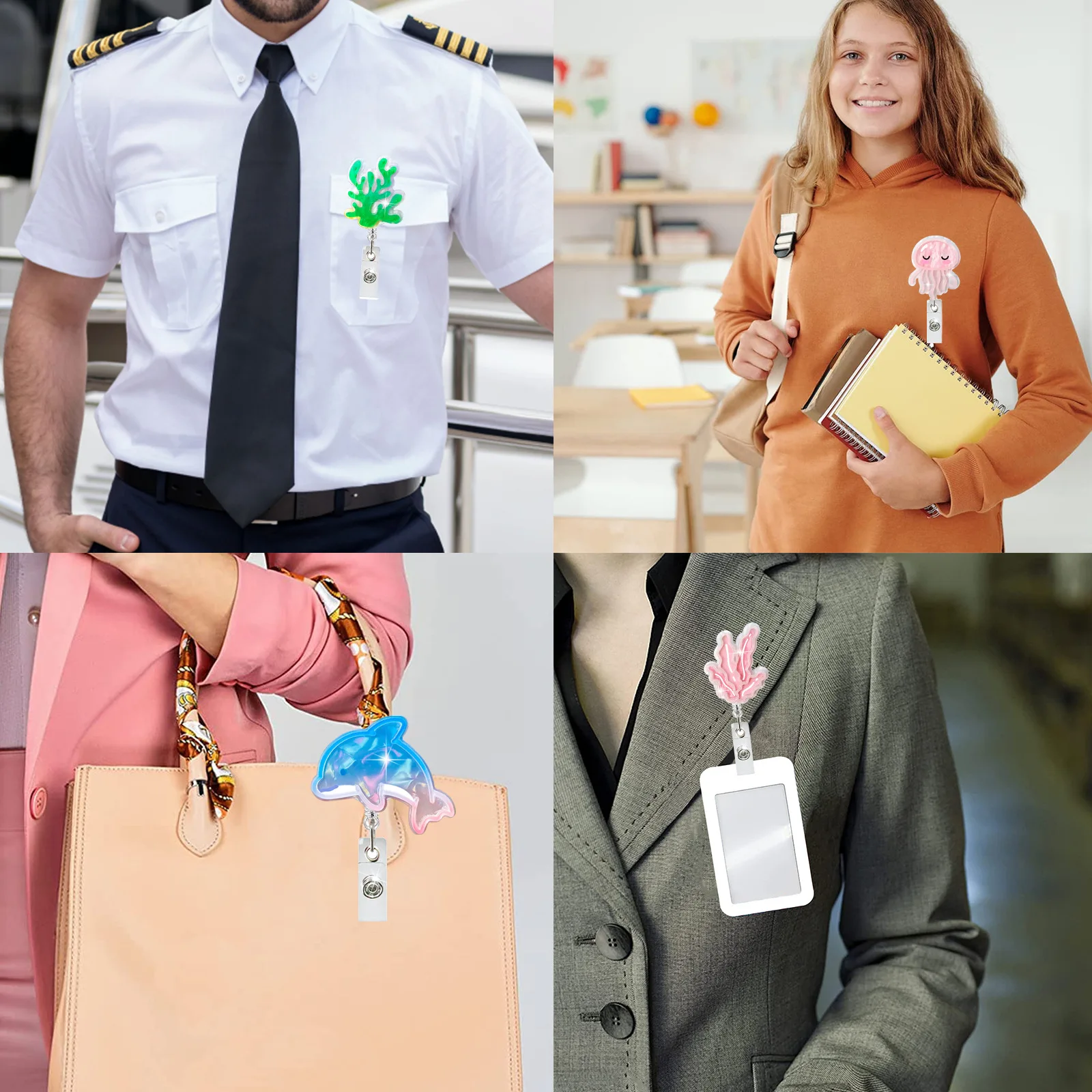 Dolphin Jellyfish Coral Keychain Elastic Acrylic Retractable Badge Reel Clip For Students Teachers Doctors Nurses Id Card Holder