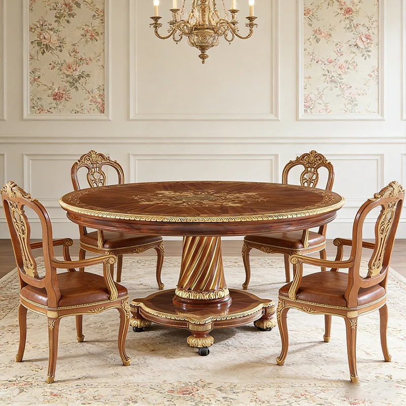 !@Factory Manufacturer 4-6 Person Antique French Solid Wood Round Dining Table Set for Home Hotel & Villa Use