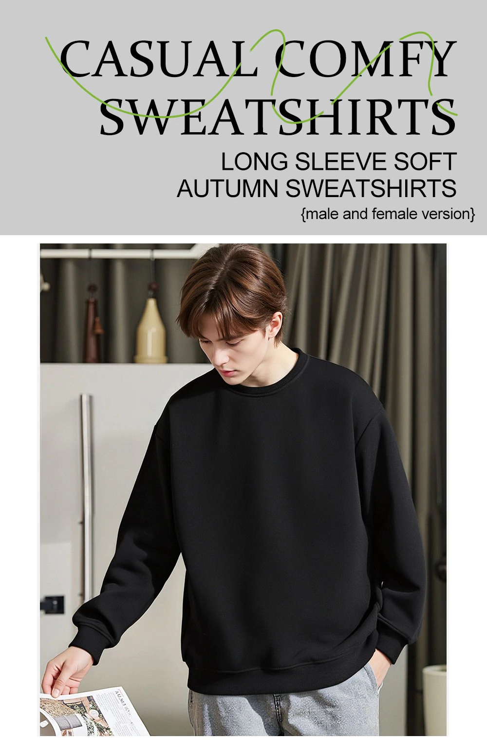 Herbst S-3XL Mann Mode Übergroßen Sweatshirt Straße Casual Pullover Sport Crewneck Hoodless Langarm Neue Grundlagen Sportswears – Detail 1