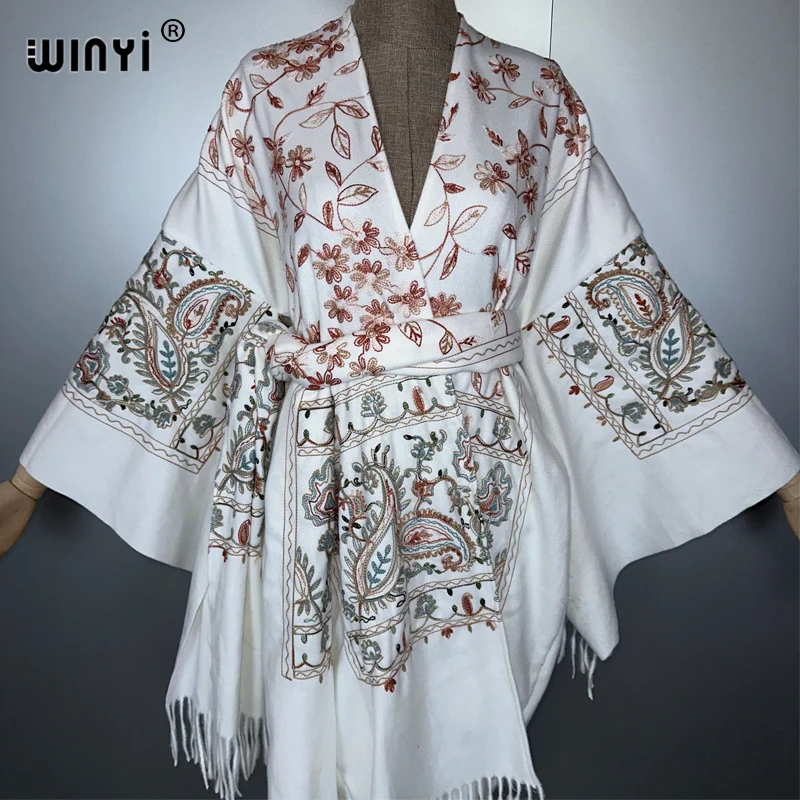 WINYI hiver femmes gland broderie Long manteau robe ample femme épais chaud Cardigan moyen-orient musulman kimono abaya dubaï luxe