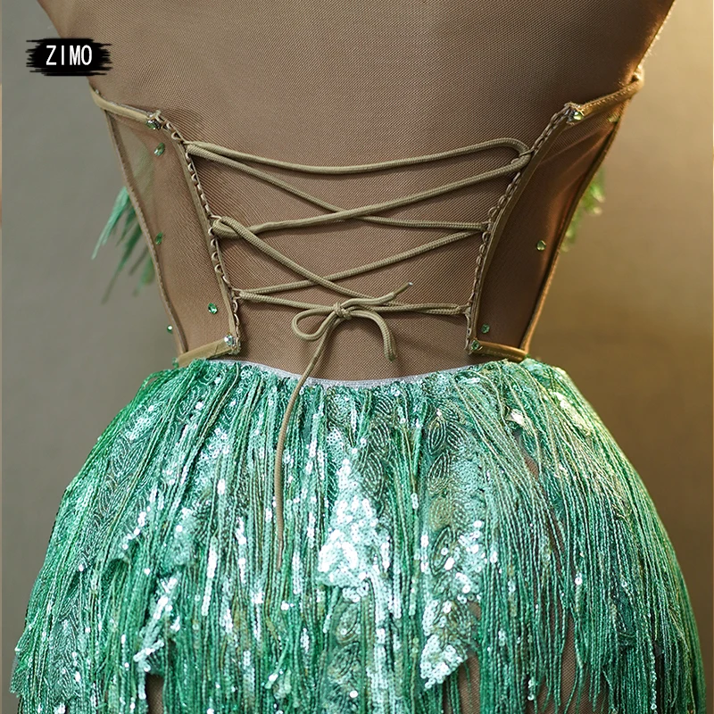 Moda 2 pezzi nappe verde paillettes vestito performance party compleanno abiti per le donne drag queen body pole dance abbigliamento