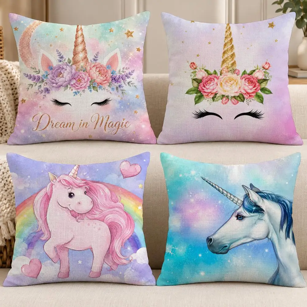Art Cute T-Purple Unicorn Rainbow Sunrise Cushion Cover Soft Short Cover Washable Sofa Bed Dorm Garden Home Office Chair Decor
