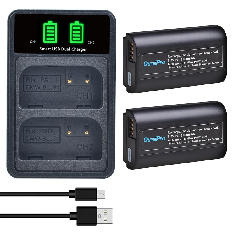 DuraPro DMW-BLJ31 DMW BLJ31 Battery + LED Charger with Type C Port USB Cable for Panasonic LUMIX S1, S1R, S1H Mirrorless Cameras