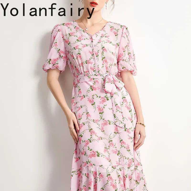 YOLANFAIRY 100%Real Mulberry Silk Dress Woman Elegant Summer Clothes V-neck Fashion Floral Pink Dress Lace-up Midi Fairy Dresses