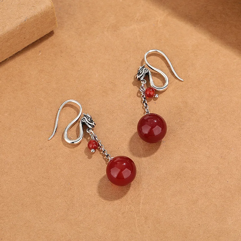 Vintage round bead red carnelian tassel dragon earrings for women Chinese style fashion simple gentle earring banquet jewelry