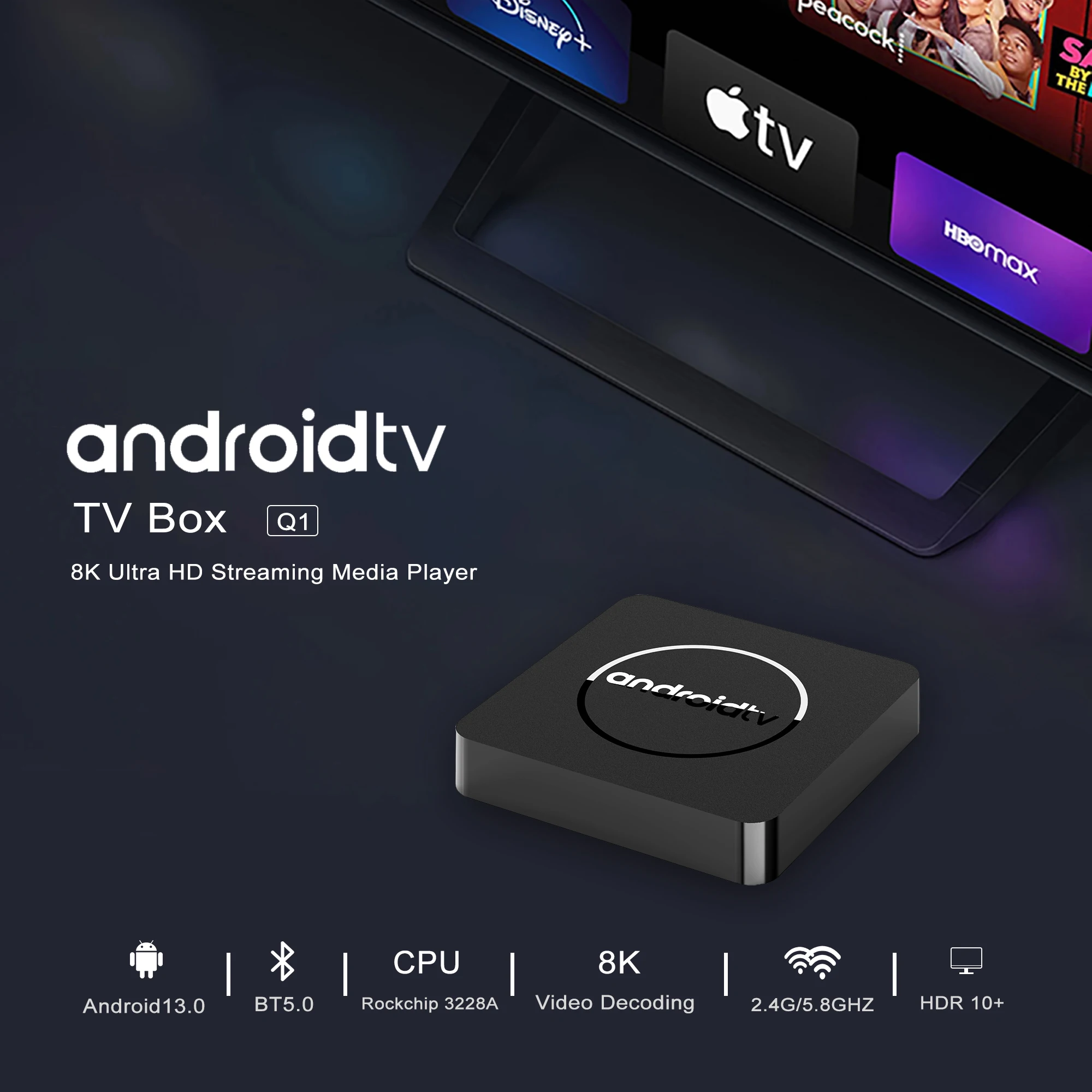 Smart TV Box Android13 Allwinner H313 Assistente Google 2GB16GB Dual 2G5GWifi Bluetooth 4K HDR10 Lettore multimediale in streaming NetfliX Q1