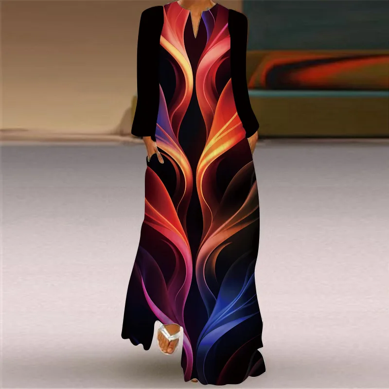 Elegant Women Maxi Dresses 2024 Autumn V-neck   Printed Loose Long Dress Robes Вечернее Платье Женское Vestidos Largos De Mujer