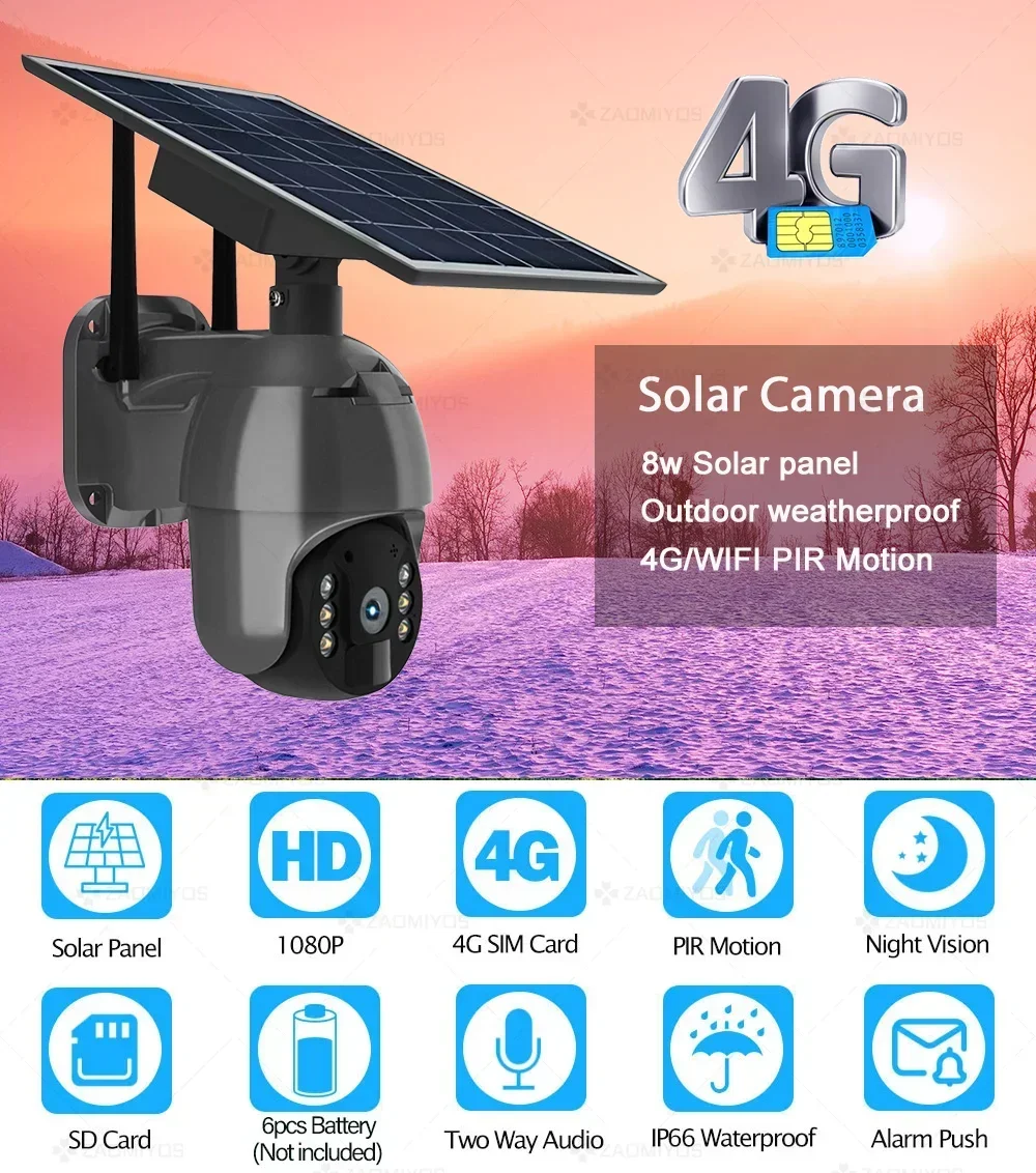 ZAOMIYOS Brand 4G SIM Card WIFI Solar Battery PTZ Camera 3MP/5MP Outdoor Waterproof  PIR Alarm Motion Detection P2P CCTV Camera