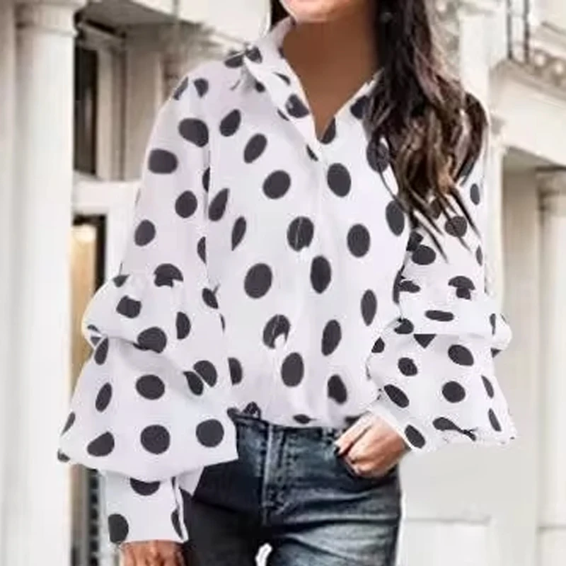 Fashion Polo-neck Polka Dot Long Sleeve Blouse Elegant Autumn Office Lady Shirt Casual Loose Tops Women\'s Clothes Blusas 18308