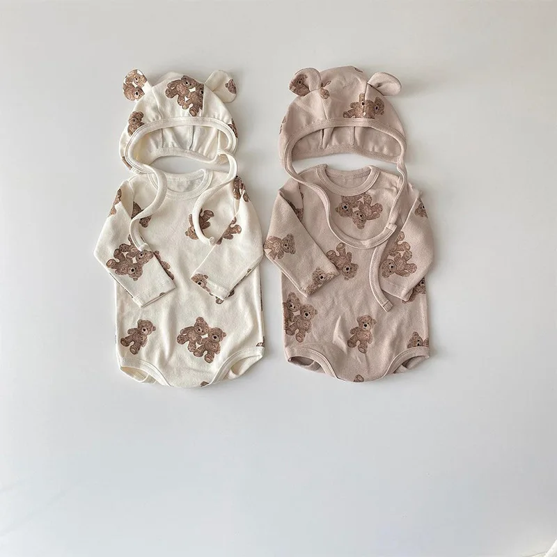 

2025 Autumn New Baby Long Sleeve Bodysuit Cotton Infant Boy Girl Cute Cartoon Bear Print Jumpsuit + Hat Newborn Clothes 0-24M
