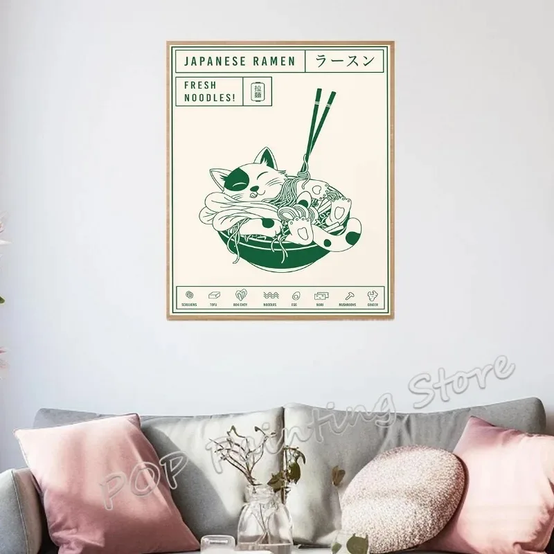 اليابانية Kawaii القط زلابية رامين المشارك روح الدعابة الكرتون قماش اللوحة أنيمي المطبخ جدار ديكور #3