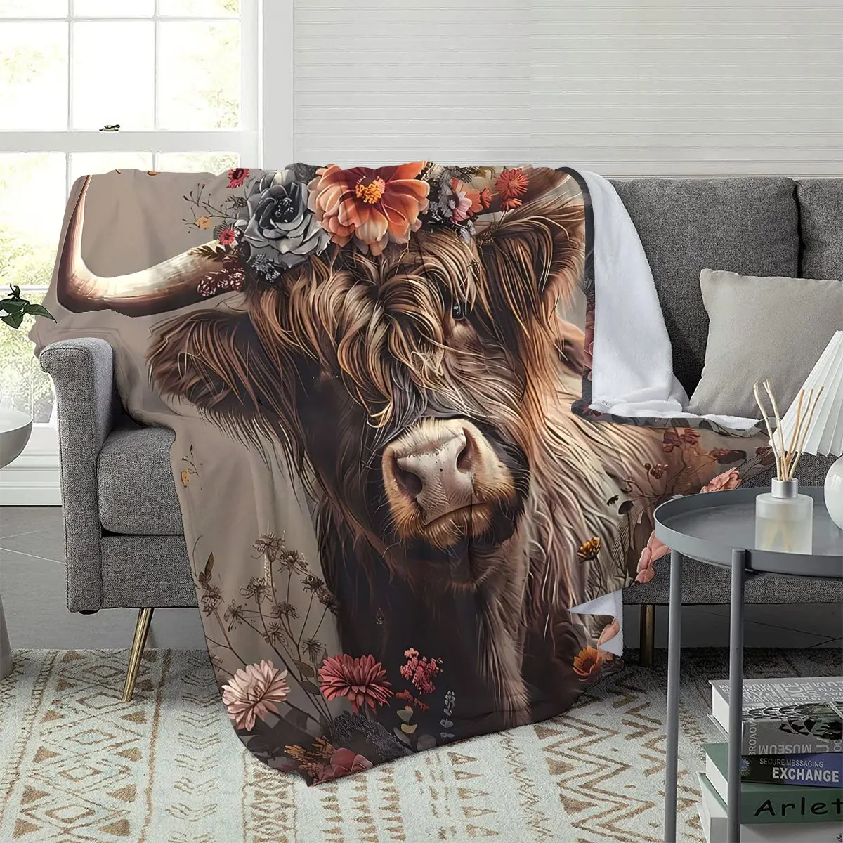 Highland Cow Floral Print Flannel Blanket - Soft Cozy Throw for Bed, Office, Camping Machine Washable Contemporary Animal