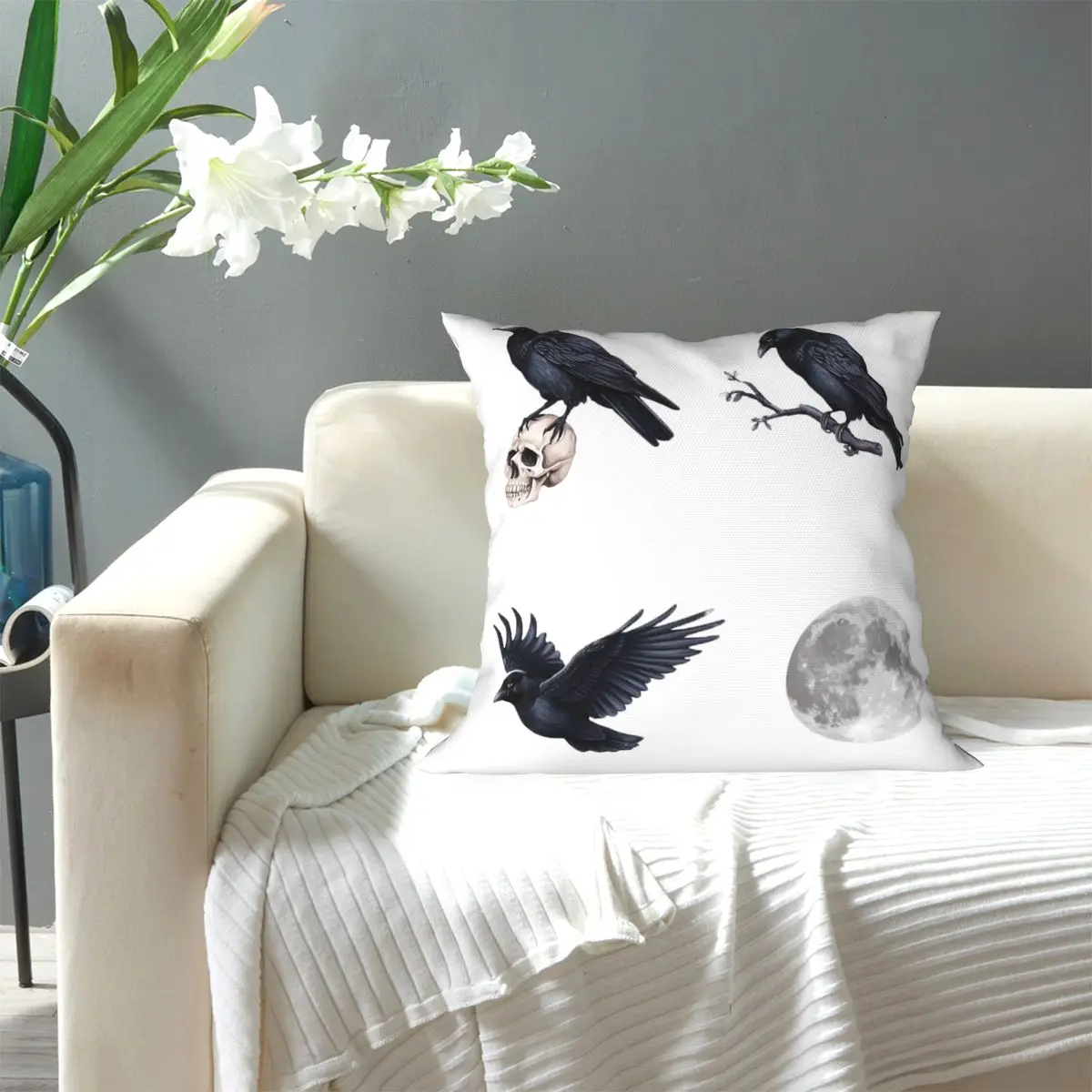 Trendy Black Raven Crow ,skull And Moon Pack Square Pillowcase Pillow Cover Cushion Zip Decorative Throw Pillow for Home Car