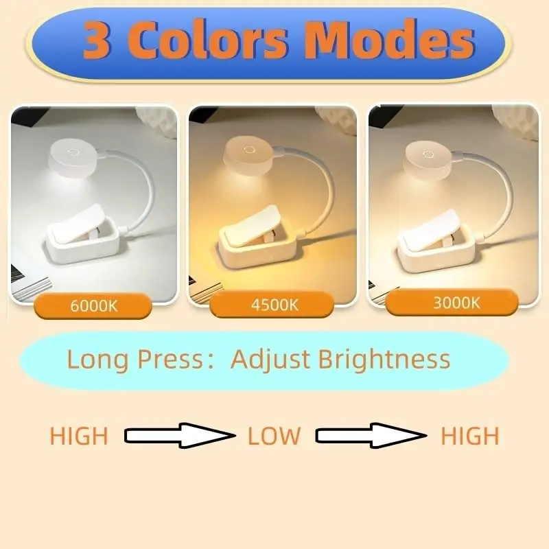 LED Clip Type Desk Lamp 3 Color Stepless Dimming  Bedside Reading Lamp Eye Protection Small Desk Lamp Student Dormitory Lighting