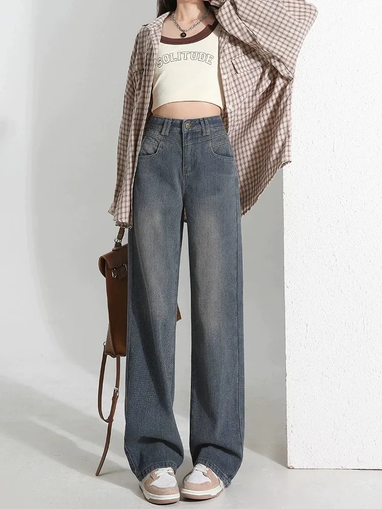 High Waist Wide Leg Denim Jeans Women's Early Spring New Style Versatile Loose Fit Slimming Straight Draping Floor-Length