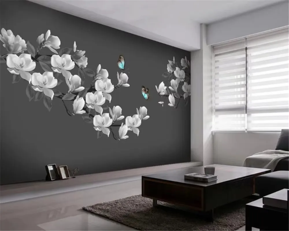 

Custom wallpaper mural HD hand-painted black and white magnolia flower butterfly background wall decoration mural 3d wallpaper